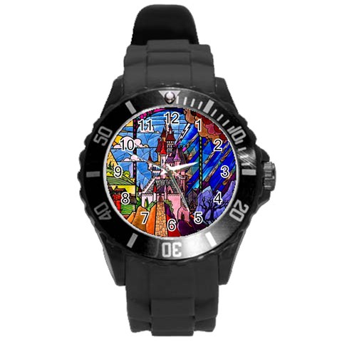 Beauty Stained Glass Castle Building Round Plastic Sport Watch (L) from ArtsNow.com Front
