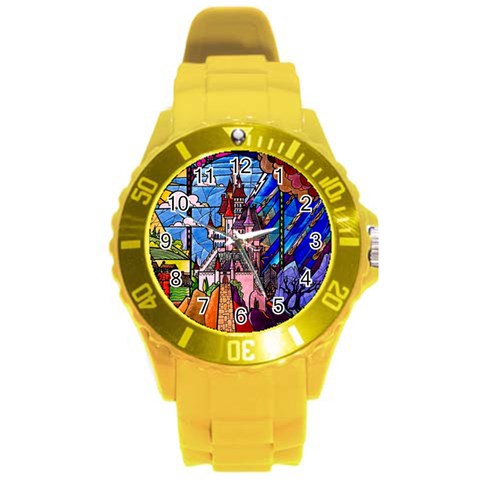 Beauty Stained Glass Castle Building Round Plastic Sport Watch (L) from ArtsNow.com Front