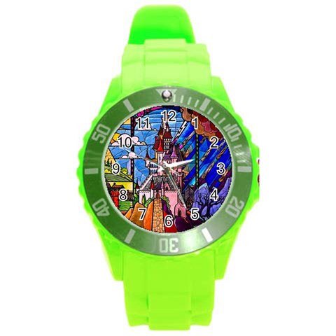 Beauty Stained Glass Castle Building Round Plastic Sport Watch (L) from ArtsNow.com Front