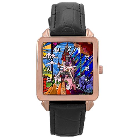 Beauty Stained Glass Castle Building Rose Gold Leather Watch  from ArtsNow.com Front