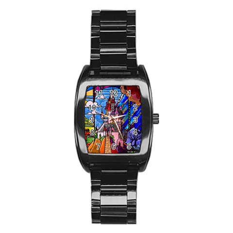 Beauty Stained Glass Castle Building Stainless Steel Barrel Watch from ArtsNow.com Front