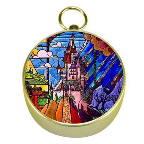 Beauty Stained Glass Castle Building Gold Compasses from ArtsNow.com Front