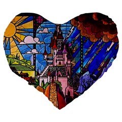 Beauty Stained Glass Castle Building Large 19  Premium Flano Heart Shape Cushions from ArtsNow.com Back