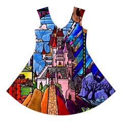 Beauty Stained Glass Castle Building Short Sleeve V Front