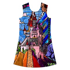Beauty Stained Glass Castle Building Kids  Short Sleeve Velvet Dress from ArtsNow.com Front