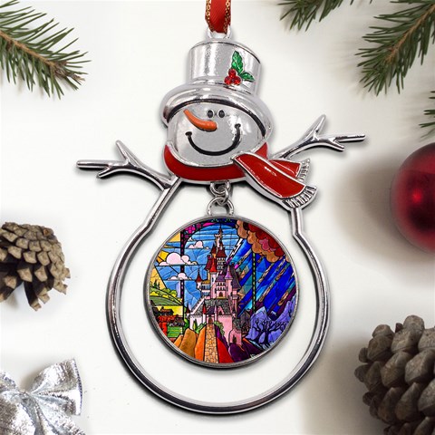 Beauty Stained Glass Castle Building Metal Snowman Ornament from ArtsNow.com Front