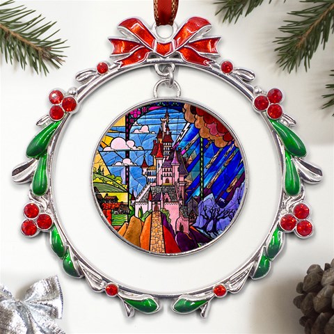 Beauty Stained Glass Castle Building Metal X mas Wreath Ribbon Ornament from ArtsNow.com Front