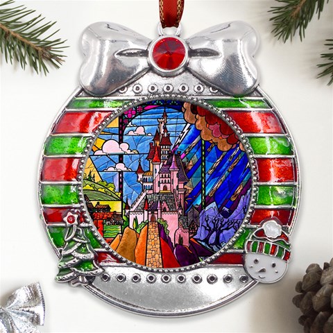 Beauty Stained Glass Castle Building Metal X Mas Ribbon With Red Crystal Round Ornament from ArtsNow.com Front