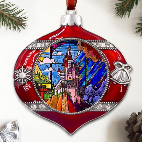 Beauty Stained Glass Castle Building Metal Snowflake And Bell Red Ornament from ArtsNow.com Front