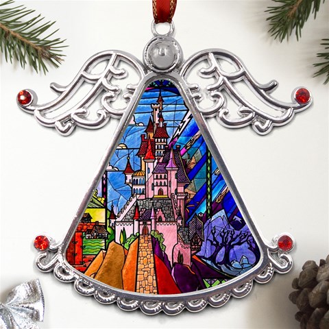 Beauty Stained Glass Castle Building Metal Angel with Crystal Ornament from ArtsNow.com Front