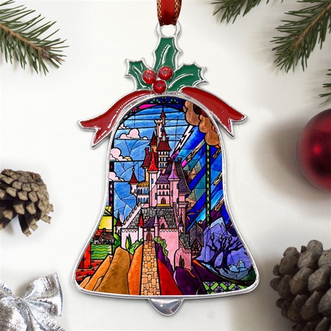 Beauty Stained Glass Castle Building Metal Holly Leaf Bell Ornament from ArtsNow.com Front
