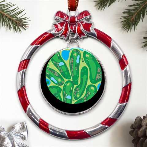 Golf Course Par Golf Course Green Metal Red Ribbon Round Ornament from ArtsNow.com Front