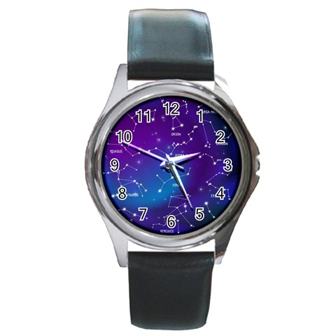 Realistic Night Sky With Constellations Round Metal Watch from ArtsNow.com Front