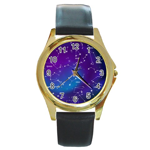 Realistic Night Sky With Constellations Round Gold Metal Watch from ArtsNow.com Front