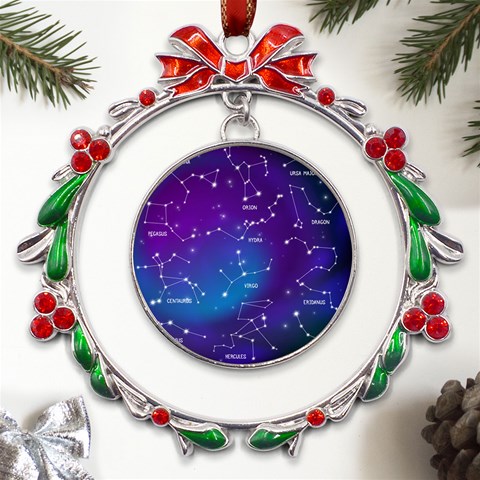 Realistic Night Sky With Constellations Metal X mas Wreath Ribbon Ornament from ArtsNow.com Front