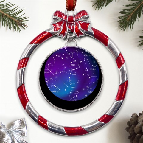 Realistic Night Sky With Constellations Metal Red Ribbon Round Ornament from ArtsNow.com Front