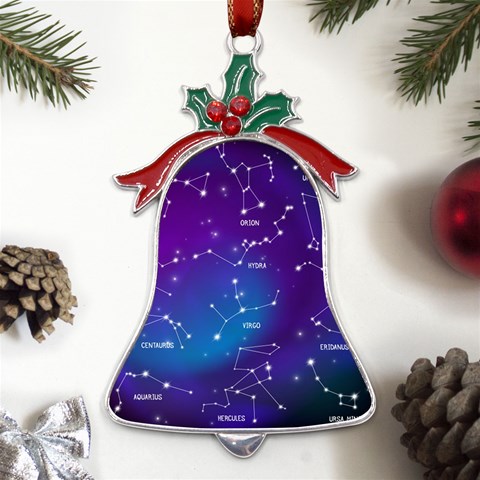 Realistic Night Sky With Constellations Metal Holly Leaf Bell Ornament from ArtsNow.com Front