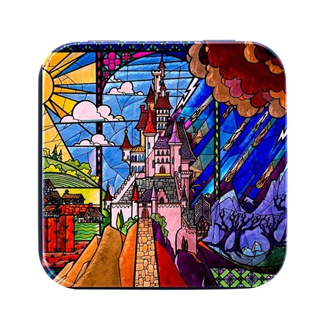 Beauty Stained Glass Castle Building Square Metal Box (Black) from ArtsNow.com Front