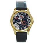 Flower Pattern Round Gold Metal Watch