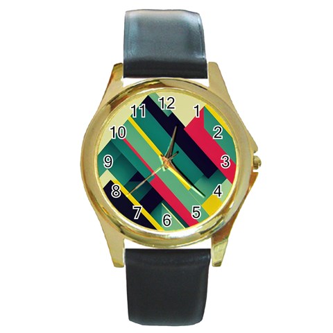 Abstract Geometric Design Pattern Round Gold Metal Watch from ArtsNow.com Front