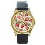 Strawberry Fruit Round Gold Metal Watch