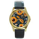 Flower Pattern Spring Round Gold Metal Watch