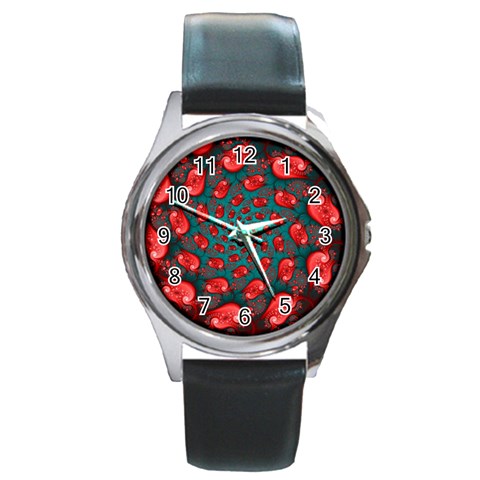 Fractal Red Spiral Abstract Art Round Metal Watch from ArtsNow.com Front