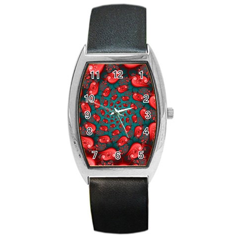Fractal Red Spiral Abstract Art Barrel Style Metal Watch from ArtsNow.com Front