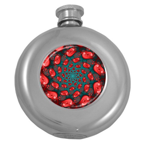 Fractal Red Spiral Abstract Art Round Hip Flask (5 oz) from ArtsNow.com Front