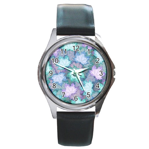 Leaves Glitter Background Winter Round Metal Watch from ArtsNow.com Front