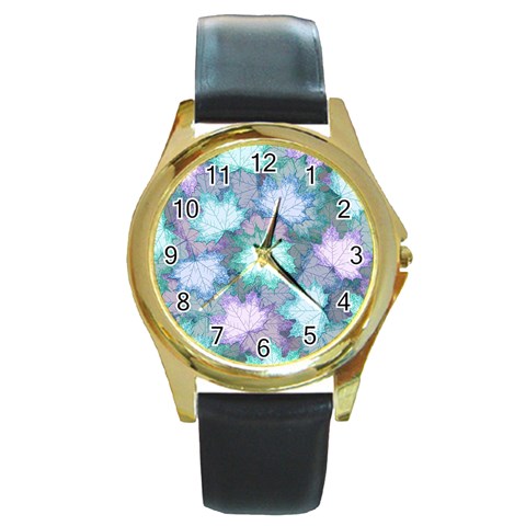 Leaves Glitter Background Winter Round Gold Metal Watch from ArtsNow.com Front