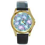 Leaves Glitter Background Winter Round Gold Metal Watch