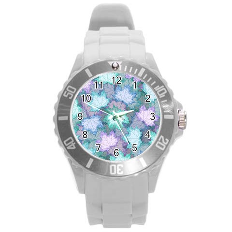 Leaves Glitter Background Winter Round Plastic Sport Watch (L) from ArtsNow.com Front