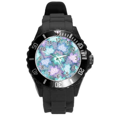 Leaves Glitter Background Winter Round Plastic Sport Watch (L) from ArtsNow.com Front