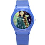 Beautiful Angel Girl In Blue Knit Poncho Round Plastic Sport Watch (S)