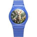 Gorgeous White Fennec Fox Among Flowers 4 Round Plastic Sport Watch (S)