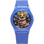 Cute Corgi Dog With Flowers 2 Round Plastic Sport Watch (S)
