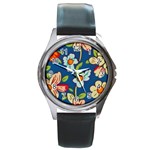Mid Century Retro Floral 1970s 1960s Pattern 32 Round Metal Watch