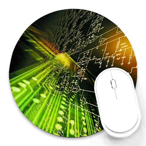 Machine Technology Circuit Electronic Computer Technics Detail Psychedelic Abstract Pattern Round Mousepad from ArtsNow.com Front