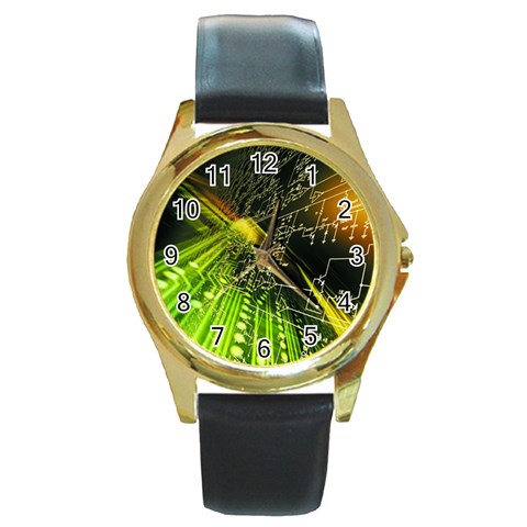 Machine Technology Circuit Electronic Computer Technics Detail Psychedelic Abstract Pattern Round Gold Metal Watch from ArtsNow.com Front
