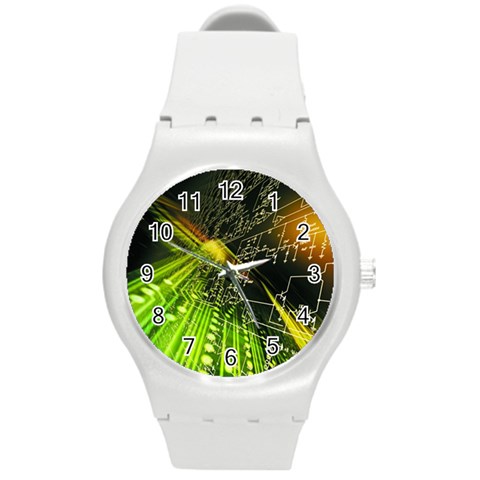 Machine Technology Circuit Electronic Computer Technics Detail Psychedelic Abstract Pattern Round Plastic Sport Watch (M) from ArtsNow.com Front
