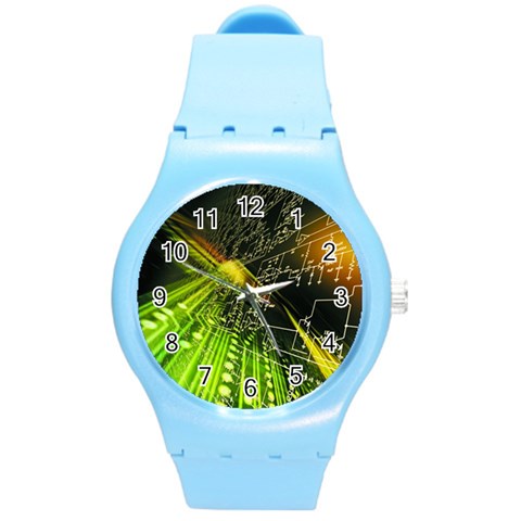 Machine Technology Circuit Electronic Computer Technics Detail Psychedelic Abstract Pattern Round Plastic Sport Watch (M) from ArtsNow.com Front