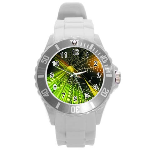 Machine Technology Circuit Electronic Computer Technics Detail Psychedelic Abstract Pattern Round Plastic Sport Watch (L) from ArtsNow.com Front