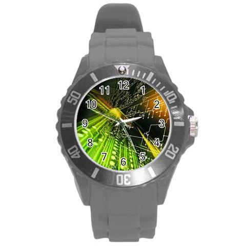 Machine Technology Circuit Electronic Computer Technics Detail Psychedelic Abstract Pattern Round Plastic Sport Watch (L) from ArtsNow.com Front
