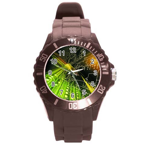 Machine Technology Circuit Electronic Computer Technics Detail Psychedelic Abstract Pattern Round Plastic Sport Watch (L) from ArtsNow.com Front