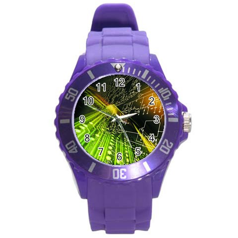 Machine Technology Circuit Electronic Computer Technics Detail Psychedelic Abstract Pattern Round Plastic Sport Watch (L) from ArtsNow.com Front