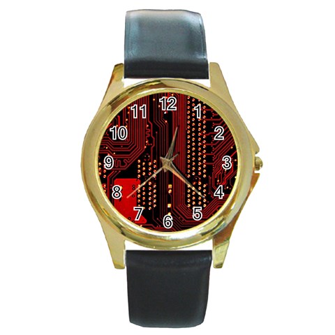 Technology Computer Circuit Round Gold Metal Watch from ArtsNow.com Front