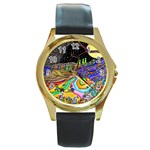 Nature Moon Psychedelic Painting Round Gold Metal Watch