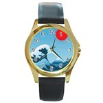 Minimalism Great Wave Off Kanagawa Round Gold Metal Watch