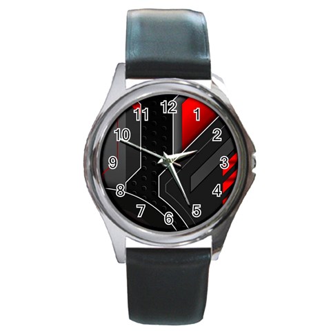 Gamer Tech Black Mesh Red Modern Shape Texture Geometric Pattern Round Metal Watch from ArtsNow.com Front